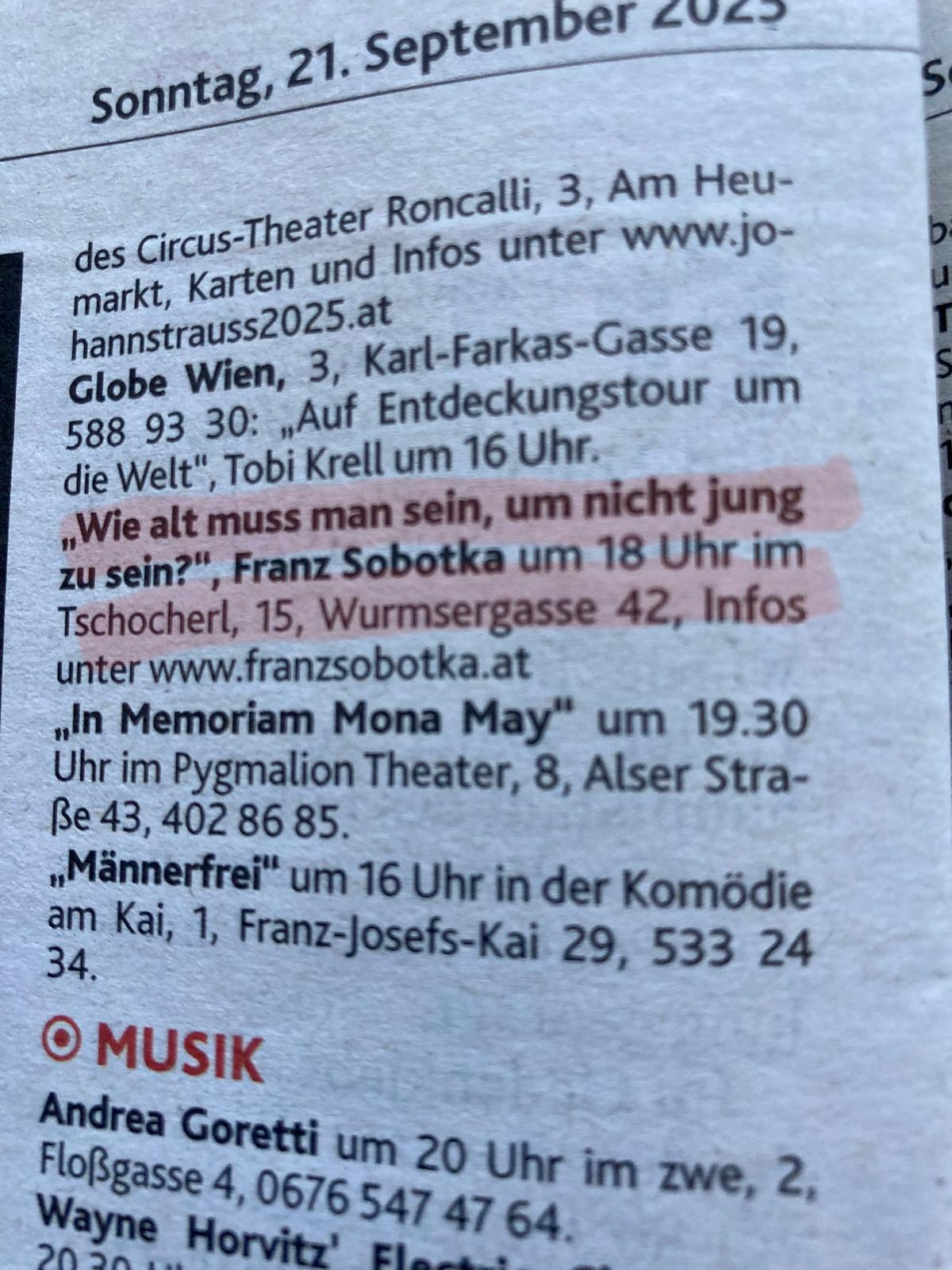 Kronen Zeitung Veranstaltungskalender mit Hinweis auf Franz Sobotka