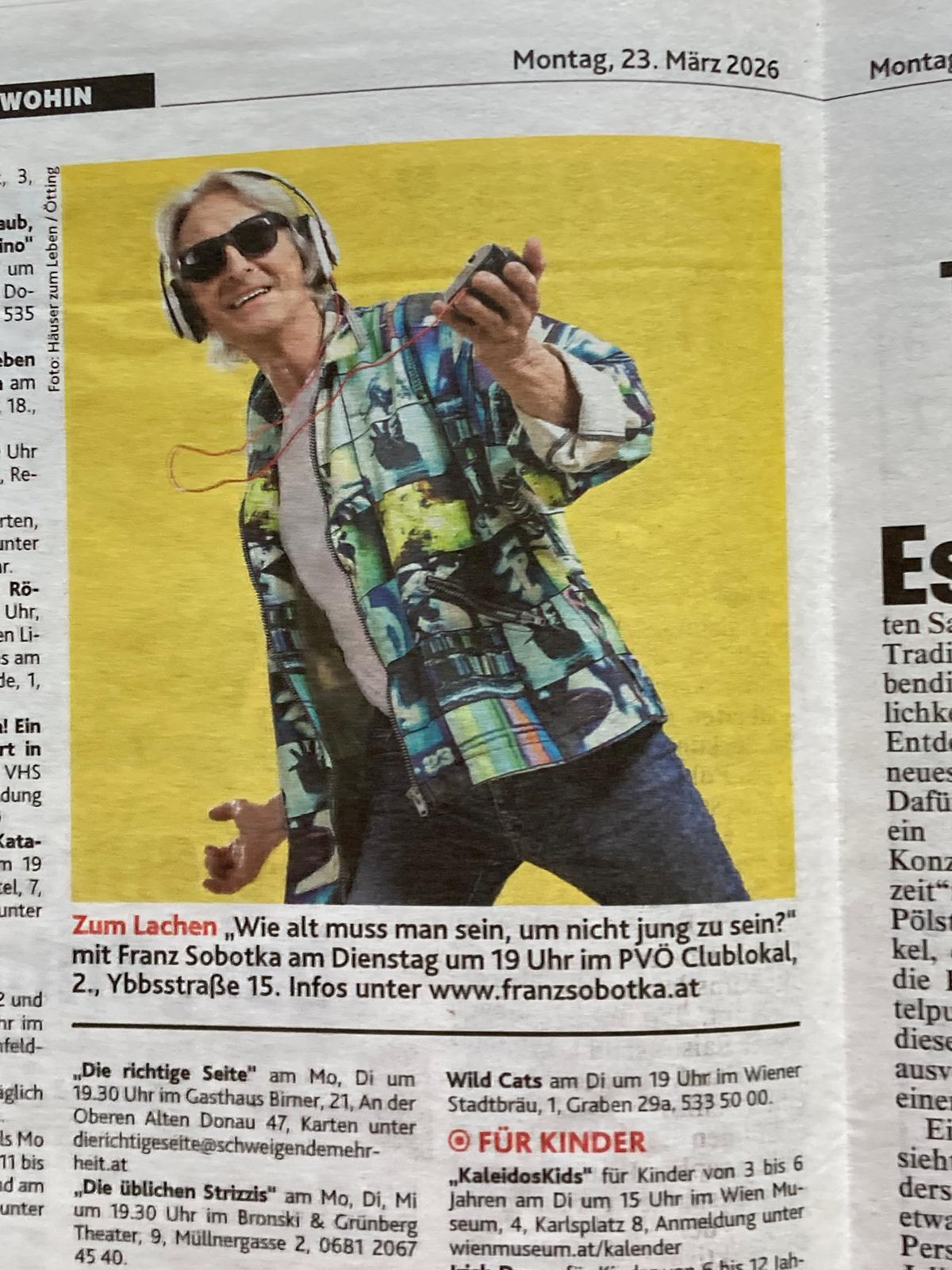 Kronen Zeitung Ankündigung für den Kabarettabend beim PVÖ Leopoldstadt